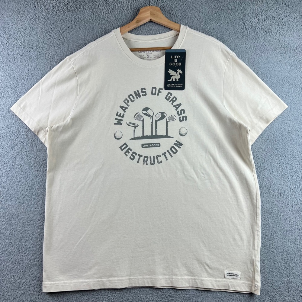 New Life is Good Mens XL Weapons of Grass Destruction Golf Crusher T-Shirt Cream